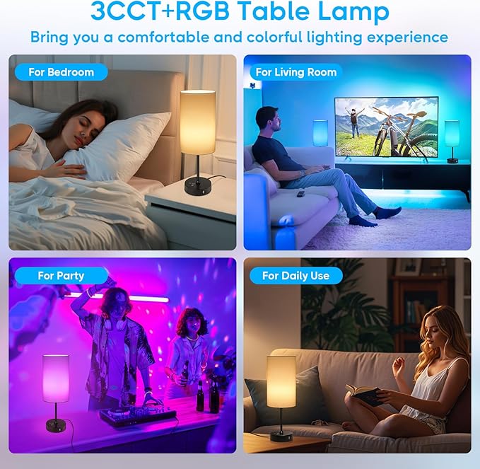 Unicozin 17Inch Table Lamp, 3 CCT 3000K/4500K/6500K & RGB Color Changing, Stepless Dimmable Bedside Lamp for Reading, Ambience Nightstand Light for Home Decor Party, Cream Shade - Bloomnest