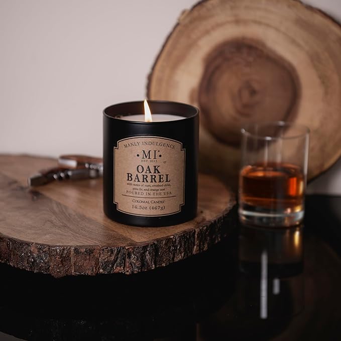 Manly Indulgence Oak Barrel Scented Candles for Men, 16.5 oz Single Wick, Premium Soy Blend Wax, 60H Burn, Candles for Home Scented โ Made in The USA - Bloomnest