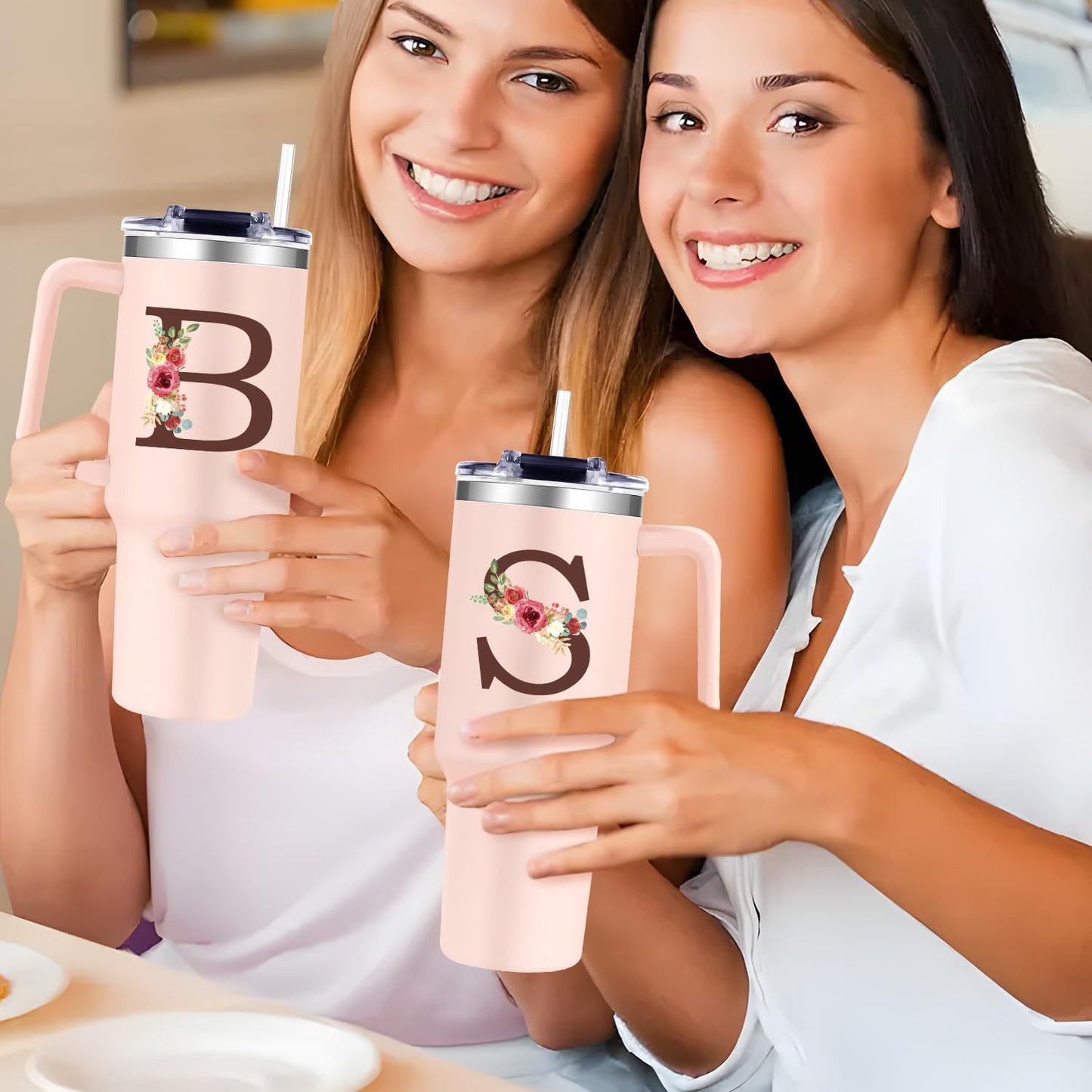 Monogrammed 40oz Tumbler with Handle for Women, Personalized Birthday Gifts for Women,Initial Cups for Woman Floral Letter S,Customized Gifts for Female Lady Gift for Mothers Day Christmas