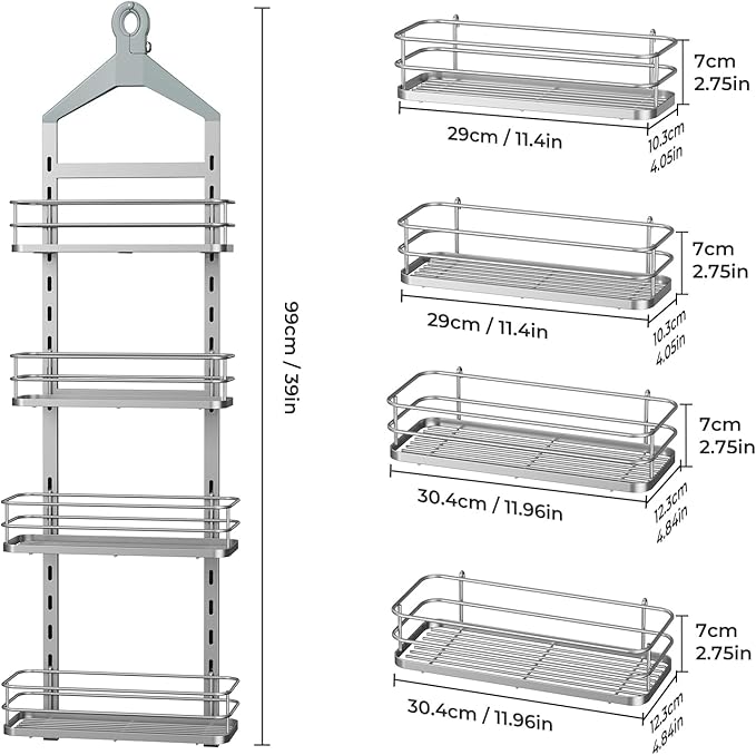 ODesign 4 Tier Height-Adjustable Shower Caddy Hanging Anti-Swing-Over The Shower Head Caddy- Storage Organizer Bathroom Shelves Basket Caddies-Silver - Bloomnest