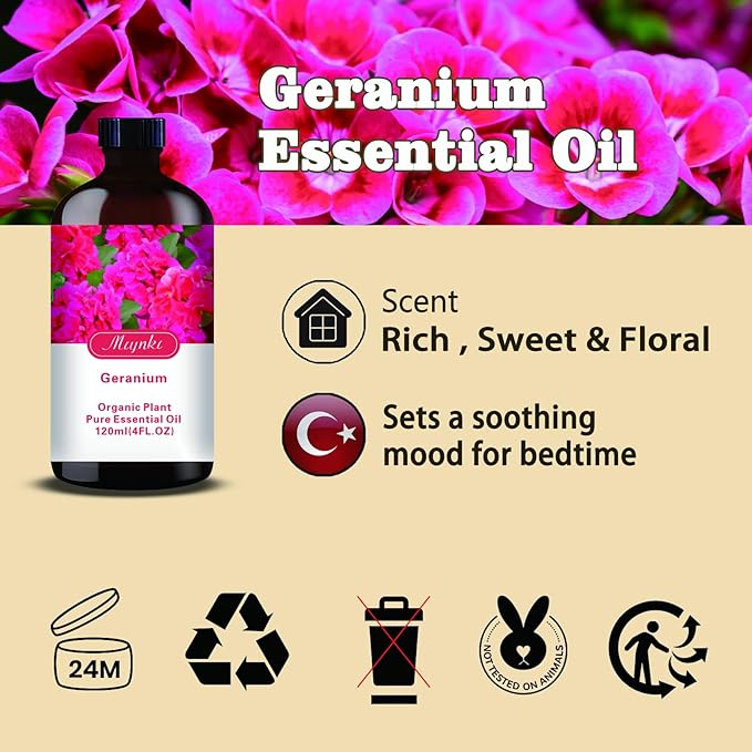Geranium Essential Oil-Geranium Fragrance Oil 4.33oz (130ml)-100% Pure Natural Scent for Diffusers, Candles, Soap Making & Aromatherapy-Relaxing Home & Gift Essential Oil for Bath, Massage - Bloomnest