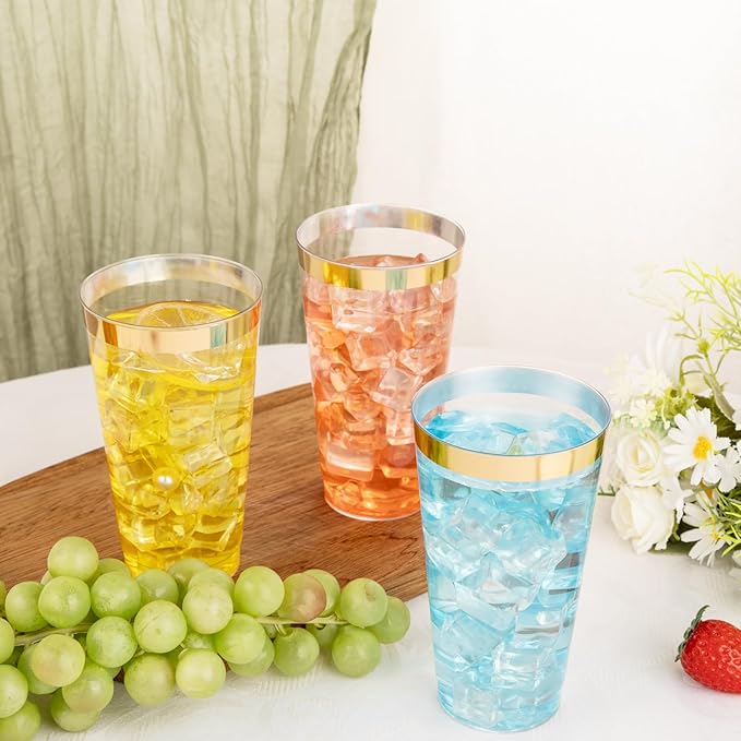 I00000 16 oz Gold Plastic Cups, 100 Pack Clear Plastic Cups Tumblers Gold Rimmed Cup, Heavy-duty Disposable Cup Perfect for Halloween, Thanksgiving and Christmas Parties - Bloomnest