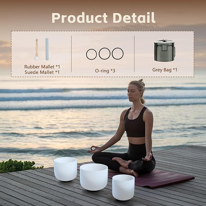 CVNC 432HZ 6"A Third-eye, 7"C Root, 8"F Heart Frosted Quartz Crystal Singing Bowl Chakra Set of 3 with Carry Case Bag for Sound Healing and Meditation - Bloomnest