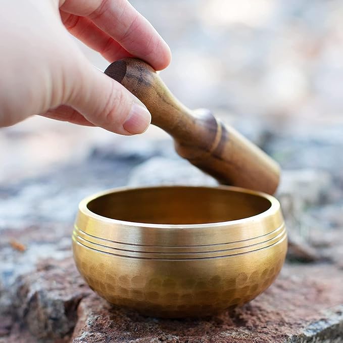 Tibetan Singing Bowl Set - Easy To Play for Beginners - Authentic Handcrafted Mindfulness Meditation Holistic Sound 7 Chakra Healing Gift by Himalayan Bazaar (3 Inch, Gold) - Bloomnest