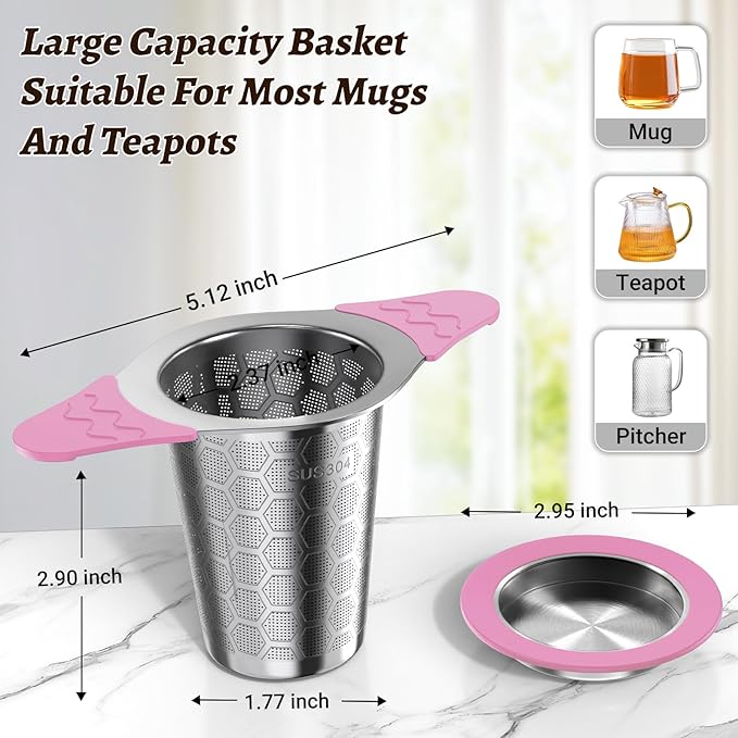 Tea Infuser for Loose Leaf Tea,18/8 Stainless Steel Tea Infuser with Heat Proof Silicone Handles,Extra Fine Mesh Tea Strainers Filter Fine Tea Leaves Effectively,Fits TeaPots/Mugs-Pink - Bloomnest