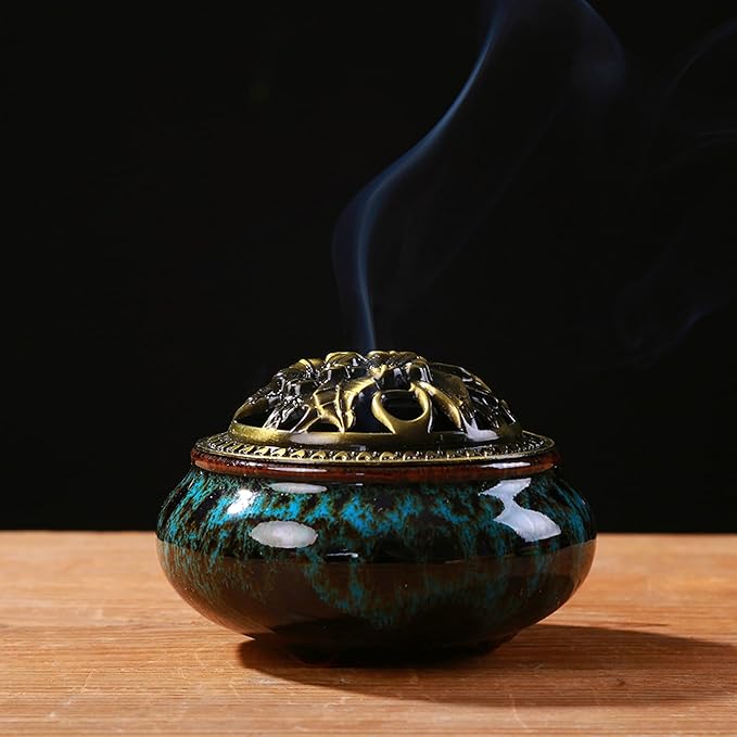 Censer Sky Blue Incense Burner with Calabash Incense Stick Holder - Porcelain Charcoal Censer for Use with Resin Granular Powder Cone or Coil Incense (Blue Fambe) - Bloomnest