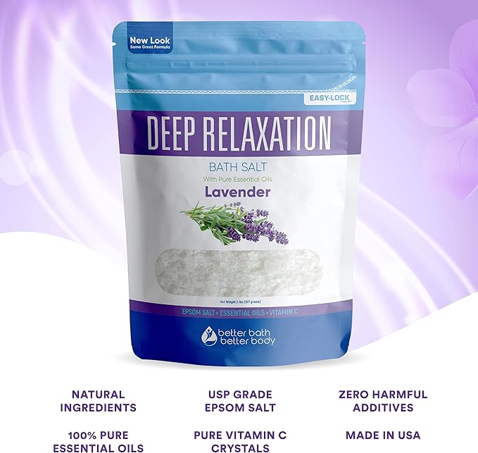 Deep Relaxation Bath Salt 32 Ounces Epsom Salt with Natural Lavender Essential Oil Plus Vitamin C in BPA Free Pouch with Easy Press-Lock Seal - Bloomnest