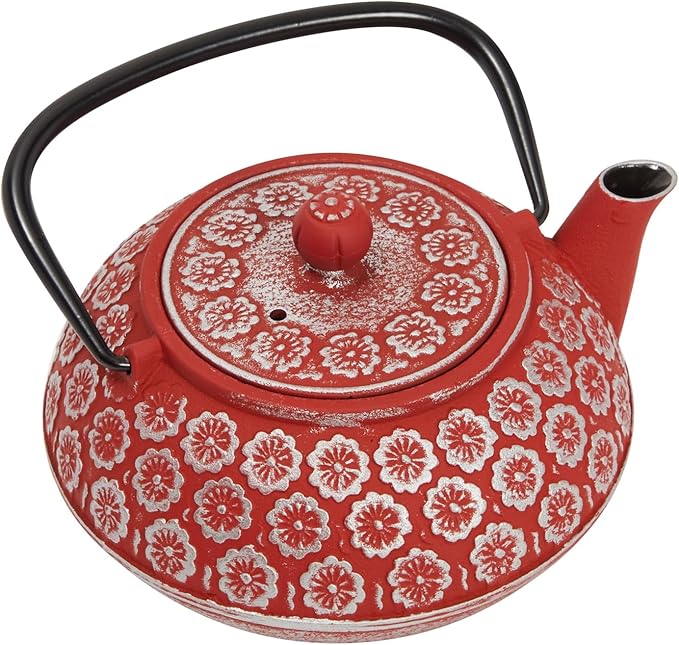 Juvale Red Floral Cast Iron Teapot Kettle - Superior Heat Retention & Stovetop Tea Kettle - Built-In Infuser & Loose Leaf Tea Pot - Red, 34 oz