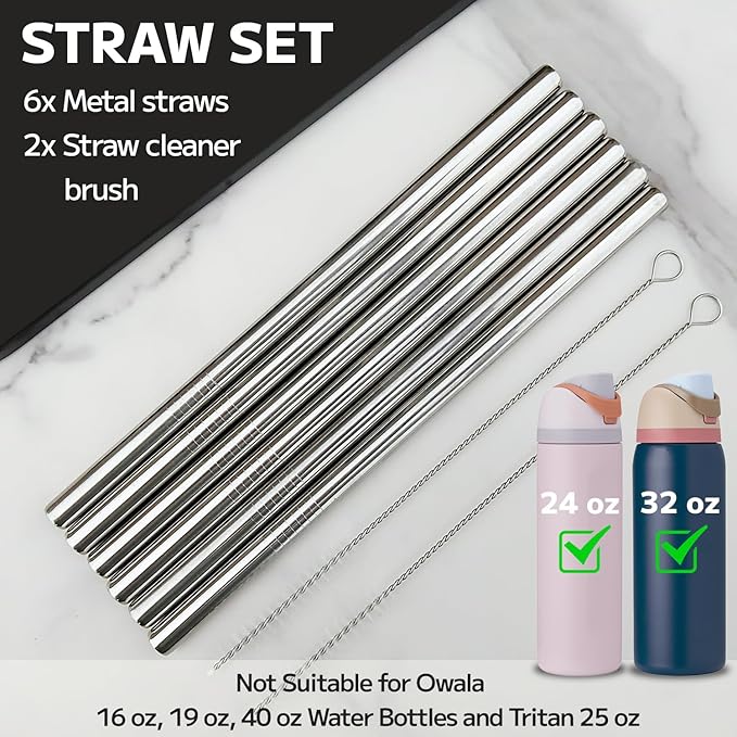 MIMORE Metal Straw for Owala 24 oz 32 oz - 6 PCS Satinless Steel Straws Compatible with Owala Straw Replacement - Resuable & Dishwasher Safe Mimore