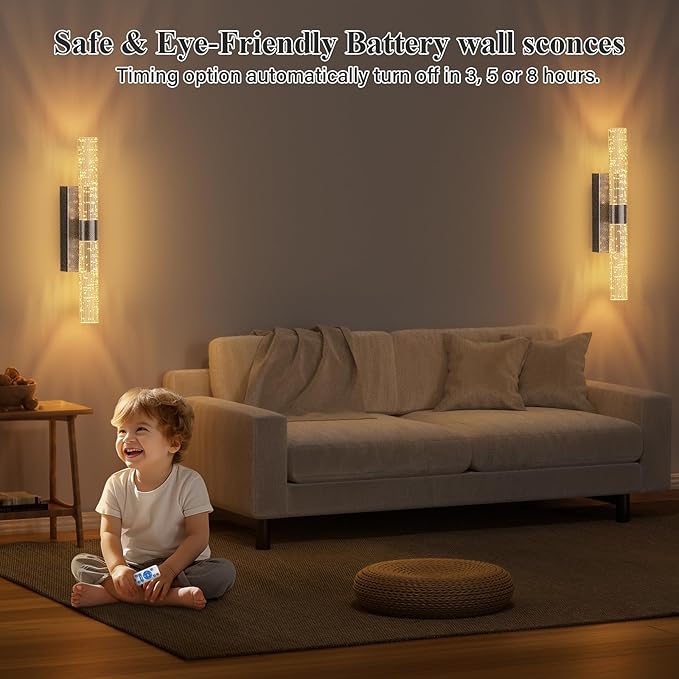 camuucci Battery Operated Black Wall Sconces Set of 2 Rechargeable Battery Powered Wall Light with 12000mAh Indoor Not Hardwired Dimmable Wall Lamp Fixtures for Bedroom Living Room 20.9 Inches - Bloomnest