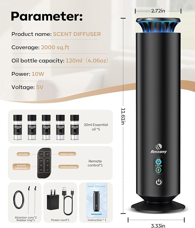Waterless Scent Diffuser Kit,Scent Diffuser with 7 Lights and Breathing Lights Modes,Max Coverage 2000 sq.ft.Home,Offices,Hotels and Spas Aromatherapy Diffuser Included 5 Scent Oils Remote Control - Bloomnest