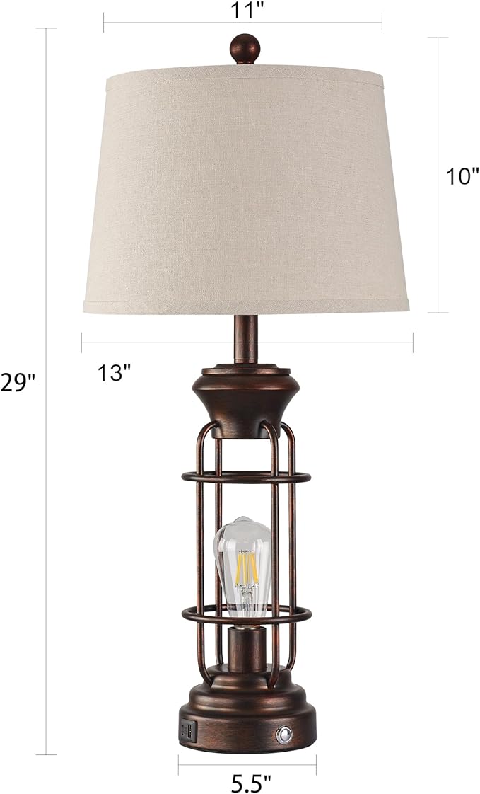 Table Lamps for Living Room Set of 2, 28.5" Farmhouse Lamps for Nightstand with USB C+A Ports, Touch Lamps for Bedroom, LED Bulbs Included - Bloomnest