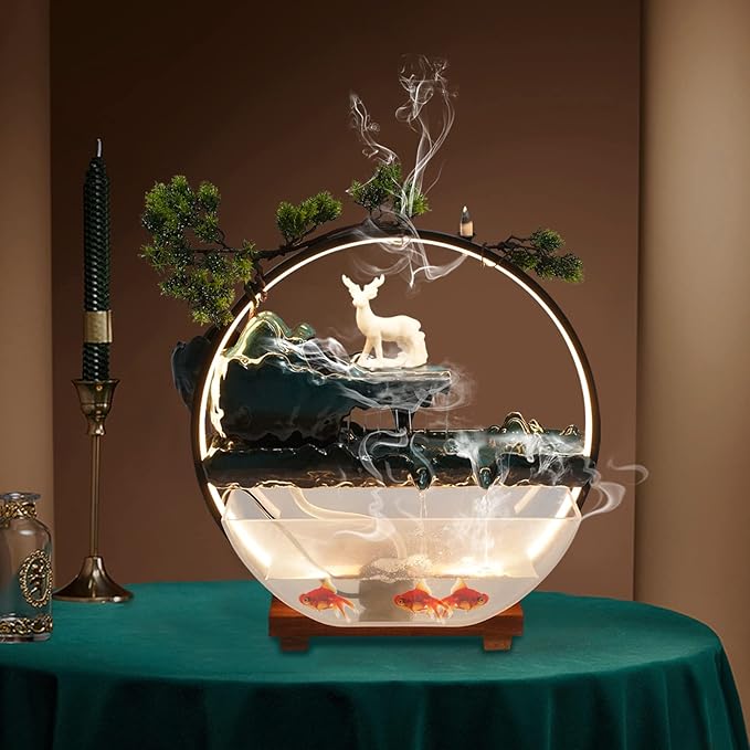 17Inch Mini Fish Tank Tabletop Decoration Indoor Waterfall Fountains Humidifier with LED Light and Atomizer Mist, Water Fountain Japanese Zen Decor Meditation Fake Plants Bonsai Gift - Bloomnest