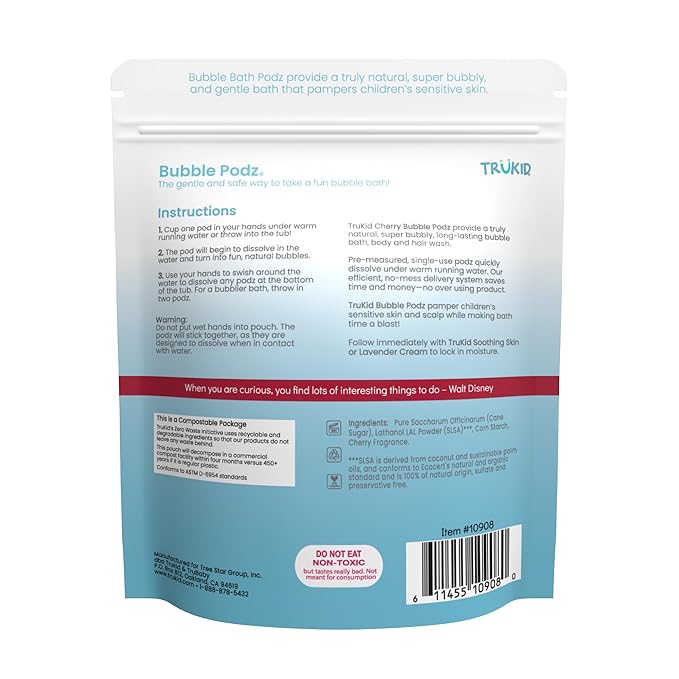TruKid Bubble Podz Bubble Bath for Kids, Toddlers, & Babies, Tear Free Gentle & Refreshing Bath Bomb for Sensitive Skin with Natural Moisturizers, Non-Toxic, pH Balanced, Cherry Scent (60 Podz) - Bloomnest