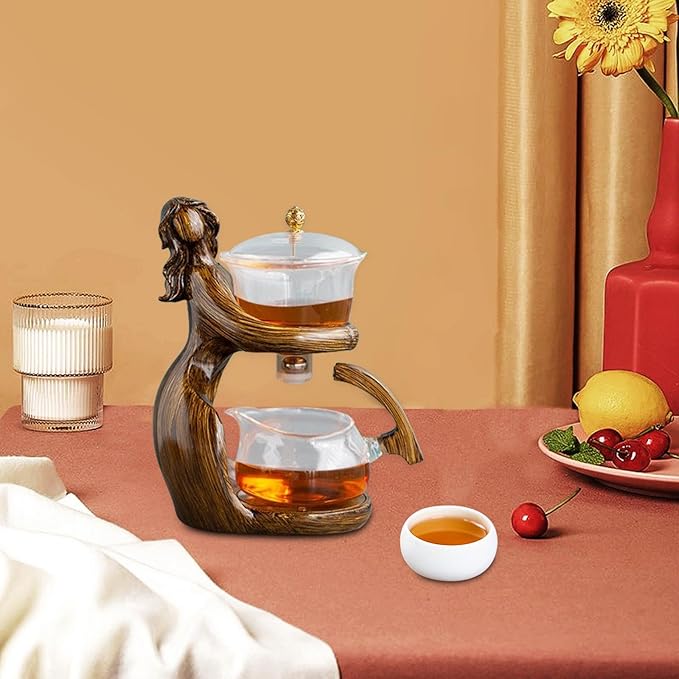 Magnetic Teapot Tea Pot Set Tea Maker Semi Automatic Kungfu Glass Tea Set Tea Infuser Pot for Holiday Gifts Father's Day Home, Brown, 15.5cmx10.5cmx24cm