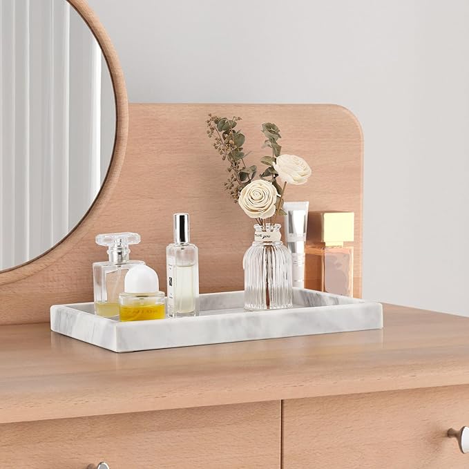 Real Natural Marble Tray for Bathroom, Vanity, Kitchen and Desktop, Rectangle Genuine Marble Stone Tray for Jewelry, Cosmetics, Candles, Lotion, Perfume and Home Decor - Bloomnest
