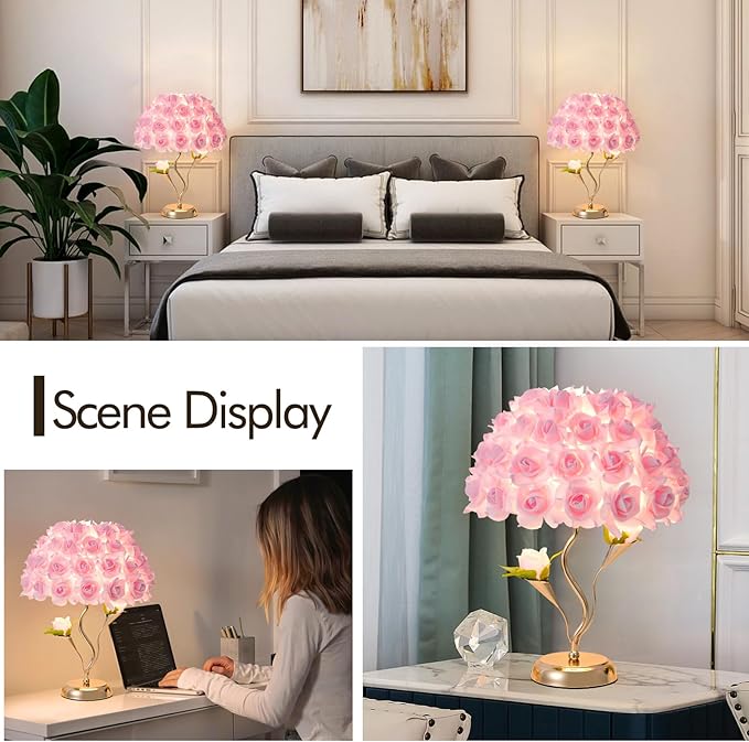 Pink Flowers Lamp Fabric Rose Table Lamp Flower Desk Lamp Creative Bedroom Nightstand Light or Wedding Decor Valentines Dating Party Livingroom Hotel Office Study Room - Bloomnest