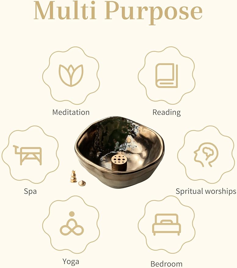 4.25 Inch Incense Holder, Ceramic 4 in 1 Incense Burner, Incense Holder for Sticks with 3 Incense Sockets, Modern Insence-Stick Holder for Bulk Incense, Palo Santo, Gold - Bloomnest
