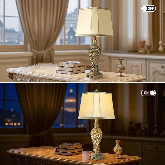 28.5'' Table Lamps Set of 2 for Living Room, Vintage Bedside Lamps with USB A+C Ports & Nightlight, Farmhouse Nightstand Lamps with Faux Silk Shade for Bedroom, Study Room, Office (LED Bulbs Included) - Bloomnest