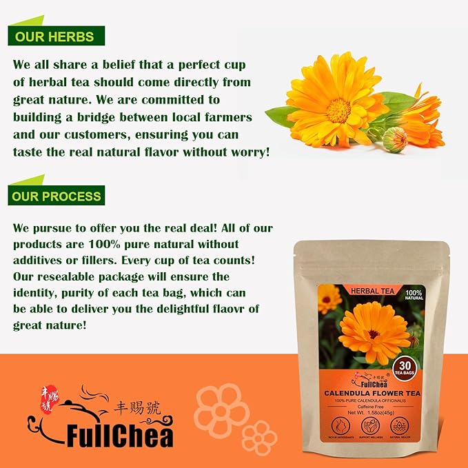 FullChea - Dried Calendula Flowers Tea, 30 Teabags, 1.5g/bag - Premium Calendula Tea For Skin Health & Support Wellness - Non-GMO - Caffeine-free - Natural Calendula Herbs - Bloomnest