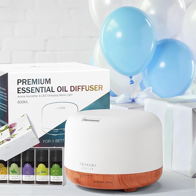 ASAKUKI Oil Diffuser with Essential Oils Set, 500ml Aromatherapy Humidifier with 14 LED Colors & Auto Shut-Off - 6 Oil Gift Pack(Lavender Eucalyptus Tea Tree Orange Peppermint Lemongrass) - Bloomnest