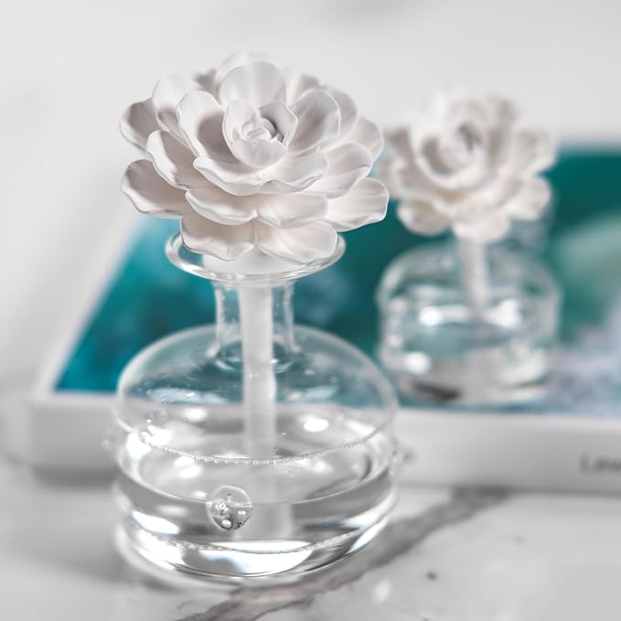 Zodax Grand Casablanca Reed Diffuser - Home Fragrance Oil Diffuser Ideal for Living Room, Bathroom, Office - Porcelain Flower Design - Gift Box Packaging Included - White Rose - 6.76 Oz. - Bloomnest