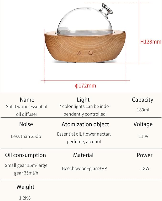 Glass Essential Oil Diffuser with Real Wood Base, 180ml Aromatherapy Diffuser with 2 Mist Modes, 7 Colors LED Light Ultrasonic Cool Mist Humidifier for Home and Office Bloomnest