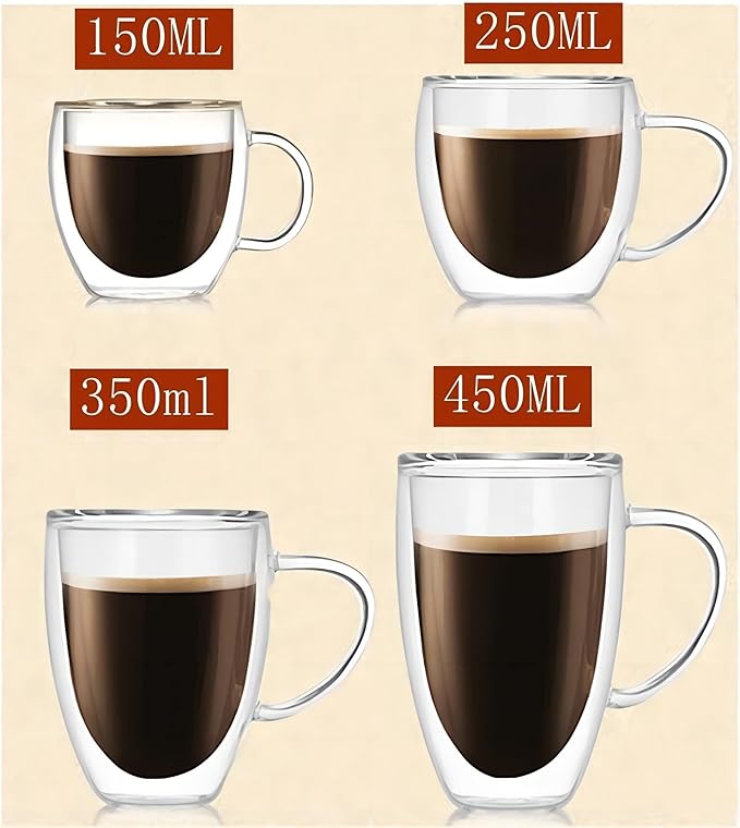 Espresso Cups Set Of 2 8 Oz, Double Walled Glass Coffee Mugs with Handle,Insulated Layer Coffee Cups,Clear Borosilicate Glass Mugs,Perfect for Cappuccino,Tea,Latte,Espresso,Hot Beverage,Wine - Bloomnest