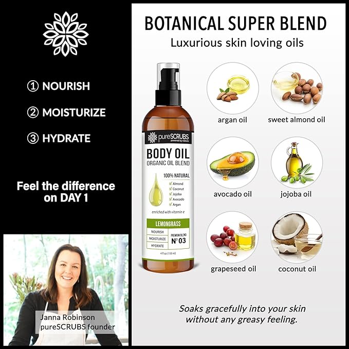 pureSCRUBS Ultra Moisturizing Lemongrass Body Oil Spray for Dry Skin, Massage, & More, Organic Super Blend of Jojoba, Argan, Coconut, Sweet Almond & Avocado Oils Enriched with Vitamin E, Lg 4oz - Bloomnest
