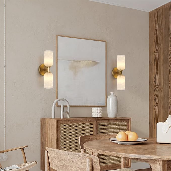 Alabaster Wall Sconces Set of Two, 14in Modern Spanish Natural Marble Bathroom Vanity Sconces, Brass Alabaster Sconce Wall Lighting, Gold Wall Light Fixtures Decor for Bedroom Living Room Staircases - Bloomnest