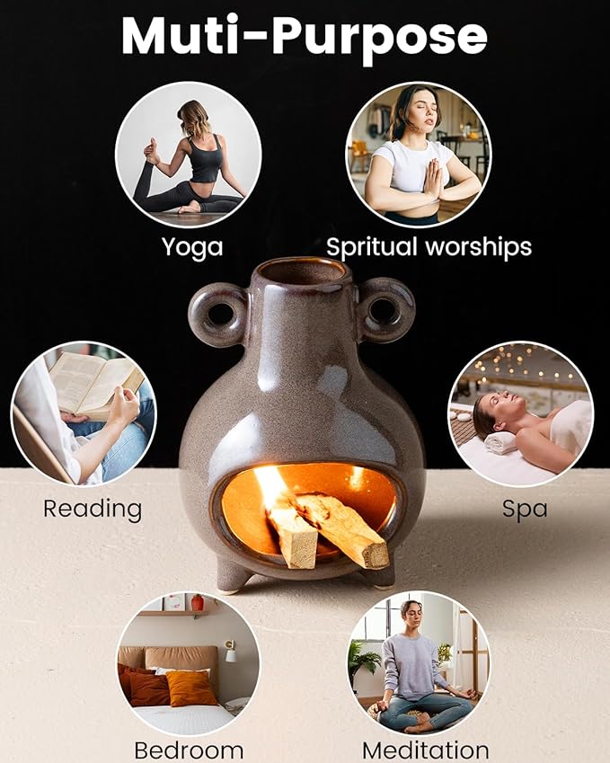 Ceramic Chiminea Palo Santo Holder, Modern Incense Holder Burner for Sticks Sage Bundles Cone Incense, Chimenea Incense Dish for Meditation Decor, Brown - Bloomnest