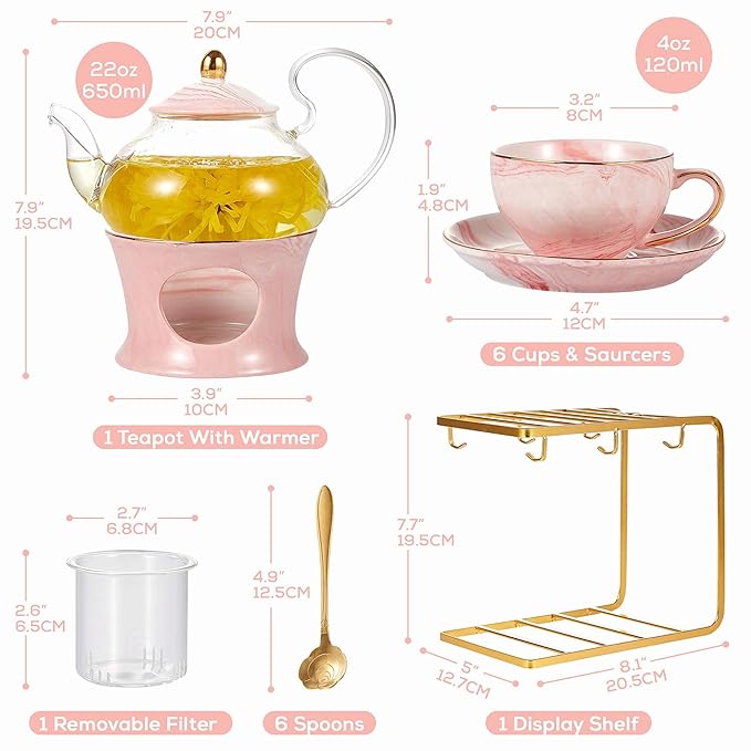 DUJUST 21 pcs Small Tea Set of 6, Pink Marble Set, Handcraft Golden Trim, Porcelain Tea Pot Set for Kids&Adults, 1 Glass Teapot(22oz), 6 Cups(4oz), 6 Saucers, 6 Spoons, 1 Shelf&1 Warmer - Bloomnest