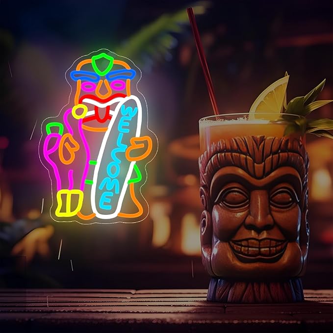 Tiki Bar Neon Sign Dimmable Flamingo Neon Sign for Wall Decor Hawaii Pool bar Party Tiki Bar Neon Light Up Sign for Wall Window Home Party Holiday Gift - Bloomnest