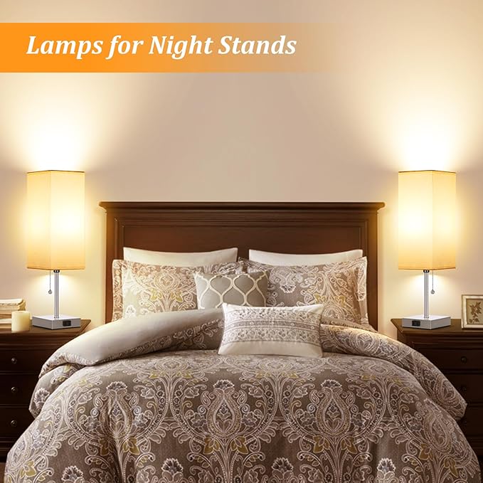 Table Lamp for Bedroom set of 2,3-Color Bedside Lamps with Pull Chain Table Lamps for Nightstand with AC Outlets,18'' Night Light Lamps with 2 Bulbs Lamps for Living Room Kids Office Decor(Nickel) - Bloomnest