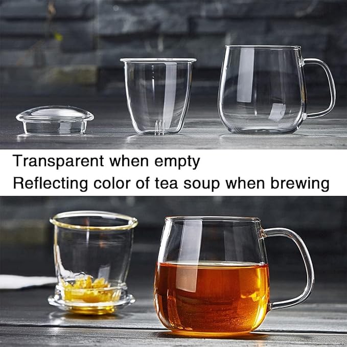 Glass Teacups 2 Pack Glass Tea Cup with Infuser and Lid, 17.6oz/520ml Large Borosilicate Teacup,Tea Clear Mug Cup for Loose Leaf Blooming Tea, Microwave & Dishwasher Safe - Bloomnest