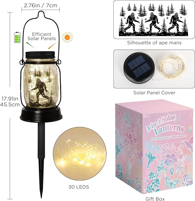Bigfoot Gifts for Women/Men Bigfoot Solar Lanterns Mom Grandma Birthday Present Lantern Memorial Lights Solar Garden Decoration Outside for Yard, Patio,Backyard,Porch Torches - Bloomnest