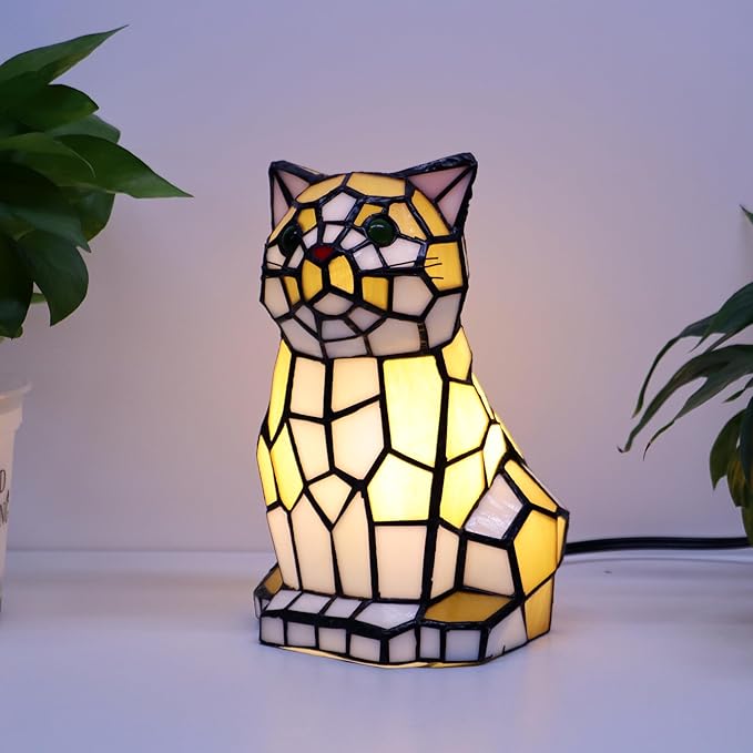 Tiffany Cat Lamp Yellow and White Stained Glass Animal Table Lamp Accent Lamp - Bloomnest