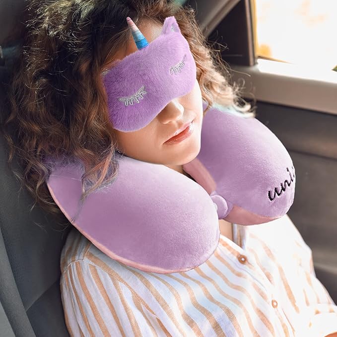 Neck Travel Pillow for Kids, Unicorn Airplane Memory Foam Pillow with Cute Sleep Mask & Earplugs, Lightweight Travelling Sleeping Pillow Set for Car, Train, Bus and Home Use (Purple) - Bloomnest