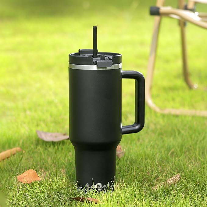 40oz Tumbler with Handle,Double Wall Vacuum Reusable Stainless Steel Insulated Water Bottle,With Leak Proof lid and Straw for Iced or Cold Beverages (Black) - Bloomnest