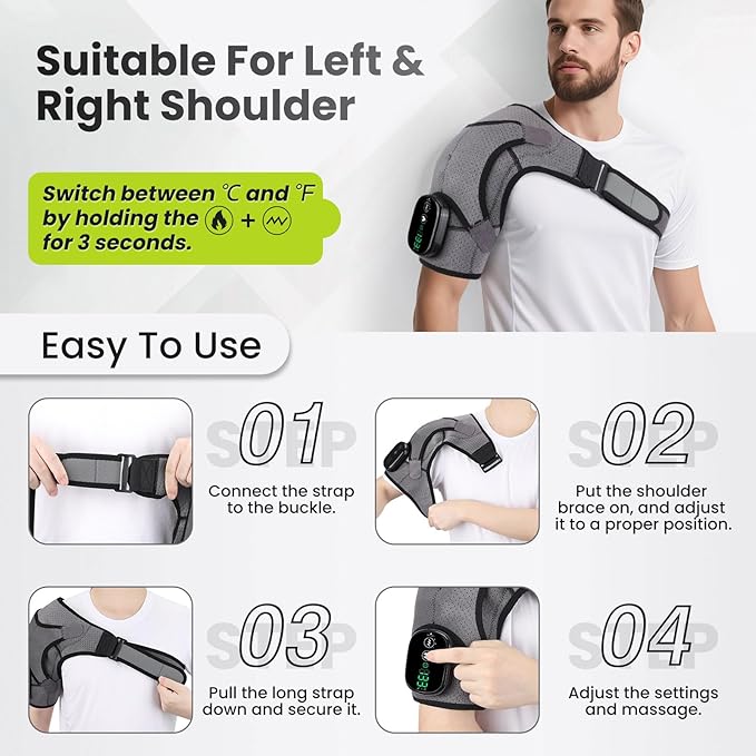 Cordless Shoulder Heating Pad with Vibration for Rotator Cuff Pain Relief, Arm Heated Massage Pad, Shoulder Support Brace with 3 Heating Levels & Vibration, Left or Right (Grey) - Bloomnest