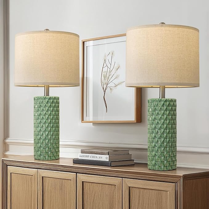 26" Tall Table Lamp for Living Room -Green Lamps Set of 2 Modern Ceramic Lamps for Night Stands, Bedside Lamp for End Tables, Nightstand Lamps for Bedroom - Bloomnest