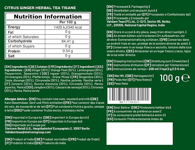 VAHDAM, Citrus Ginger Herbal Tea Tisane (50 Cups, 3.53 oz) Gluten Free, Non GMO | Ginger, Lemongrass, Orange Peels, Mint | Herbal Tea Loose Leaf | Vacuum Sealed Pack - Bloomnest