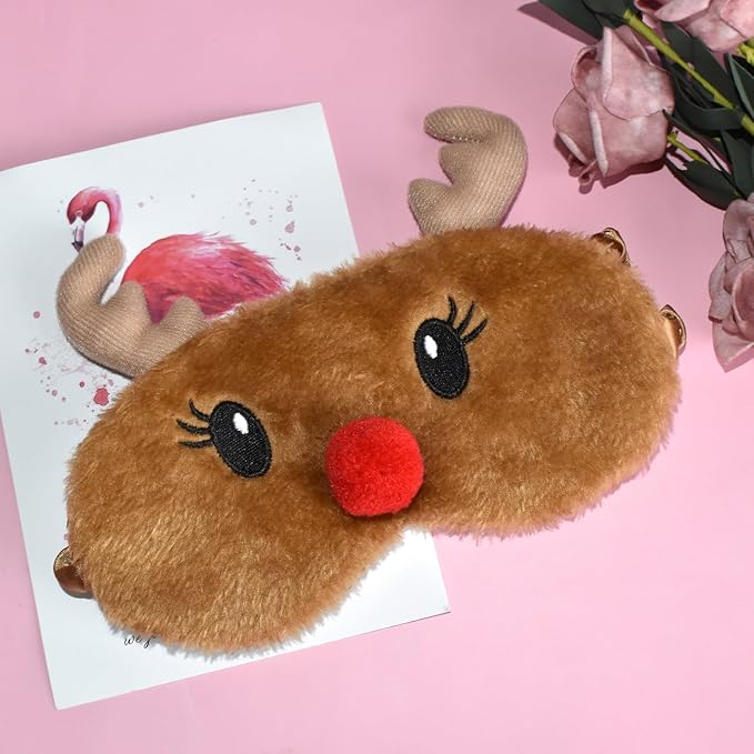 Christmas Reindeer Sleeping Mask Eye Mask Cute Animal Rudolph Sleep Mask Soft Plush Blindfold Funny Eye Cover Eyeshade for Kids Adults Girls Boys Women Men (Reindeer, Brown) - Bloomnest