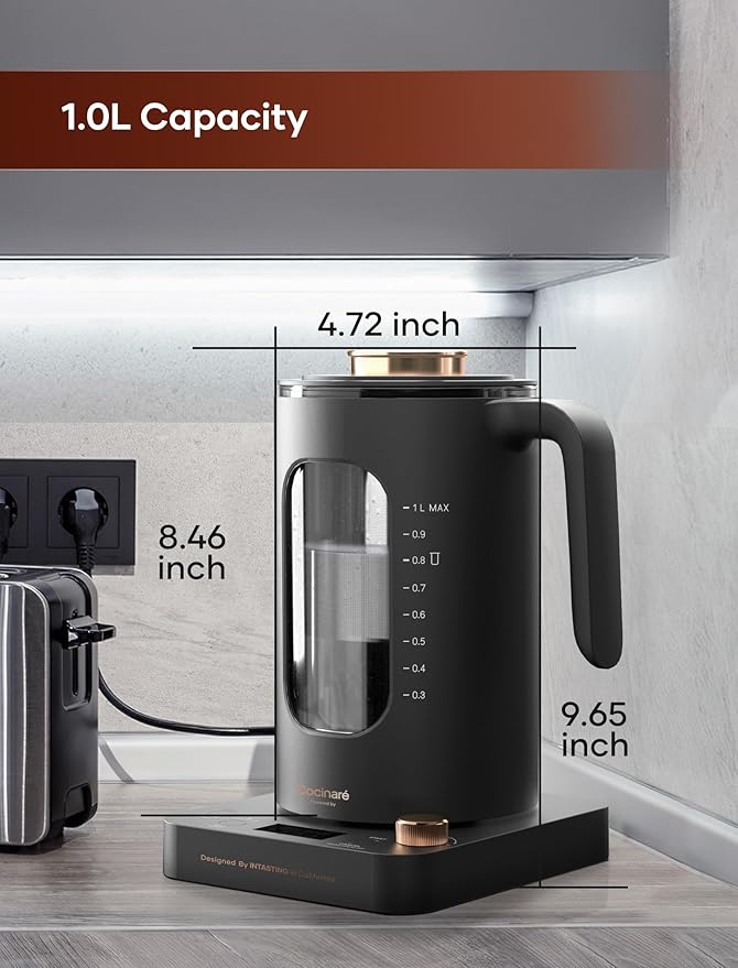 Electric Tea Kettle, INTASTING Glass Electric Kettle with tea Infuser and Precise knob temperature control, 1200W Fast Heating, BPA-Free, Easy to Clean, for Tea and coffee, 1 Liter (Dark Gray) - Bloomnest