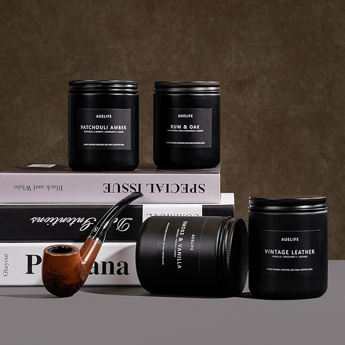 Scented Candles Set | Men Candle Set, 4 Pack Candles for Home, Gifts for Men - Aromatherapy Gifts for Dad Fathers Day, Soy Candle Scent of Smoke & Vanilla/Rum Oak/Vintage Leather/Amber Patchouli - Bloomnest