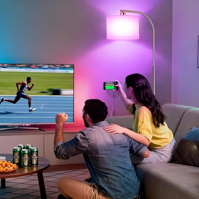 Floor Lamp for Living Room with Remote,Dimmable Standing Lamps,Modern Tall Floor Light with Smart RGB Bulb,App Control,3 Color Temperatures,Fabric Shades,Silver Floor Lamp for Bedroom Corner - Bloomnest