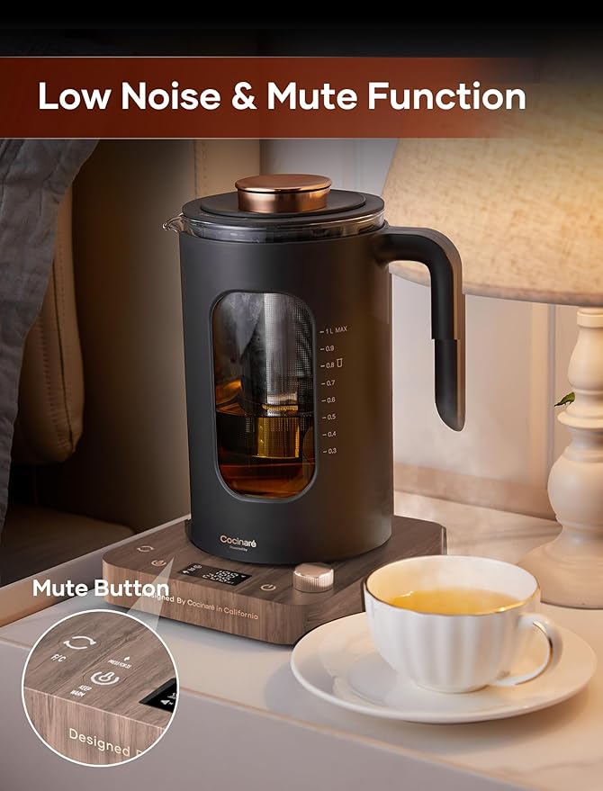 Electric Tea Kettle, INTASTING Glass Electric Kettle with tea Infuser and Precise knob temperature control, 1200W Fast Heating, BPA-Free, Easy to Clean, for Tea and coffee, 1 Liter (Wood) - Bloomnest