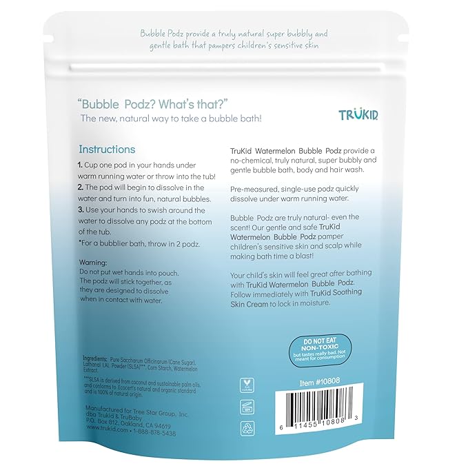 TruKid Bubble Podz Bubble Bath for Kids, Toddlers, & Babies, Tear Free Gentle & Refreshing Bath Bomb for Sensitive Skin with Natural Moisturizers, Non-Toxic, pH Balanced, Watermelon Scent (60 Podz) - Bloomnest