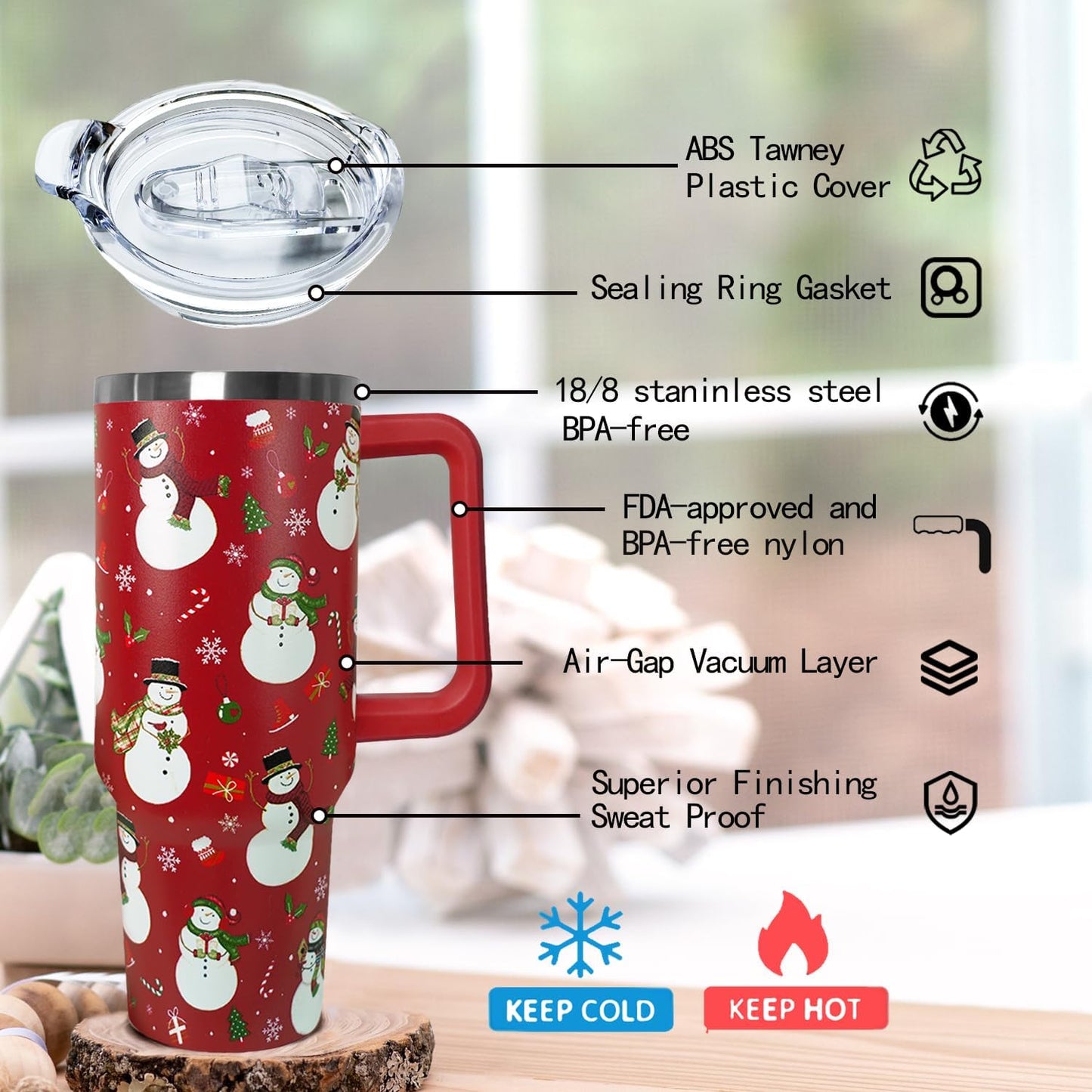 Ceovfoi 40 Oz Christmas Snowman Tumbler Coffee Travel Mug Cup with Handle, Snowman Decor, Christmas Gifts for Women