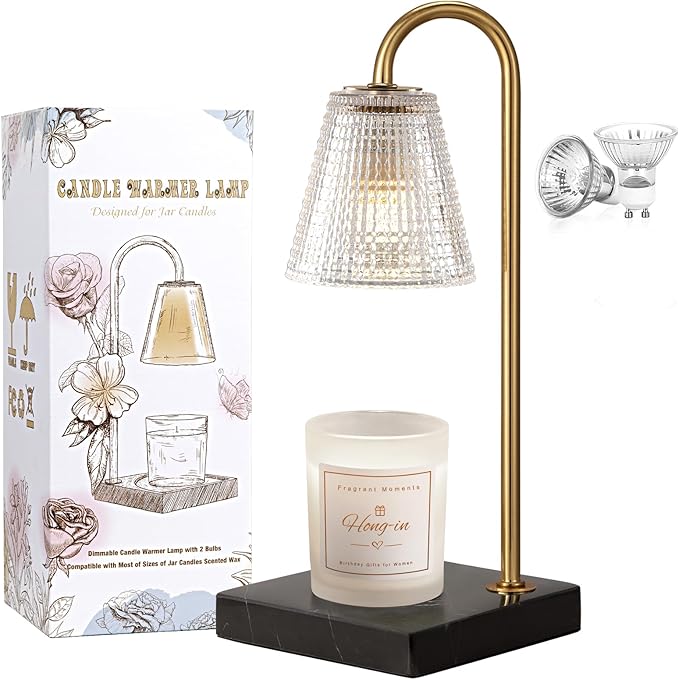 Hong-in Modern Gold Candle Warmer Lamp with Black Marble Base, Glass Shade Electric Candle Melter for Scented Candles, Stylish Home Kitchen Decor & Gift for Women - Bloomnest